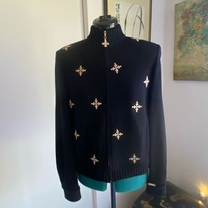 St. John mock neck zip up cardigan/jacket with gold embroidery.